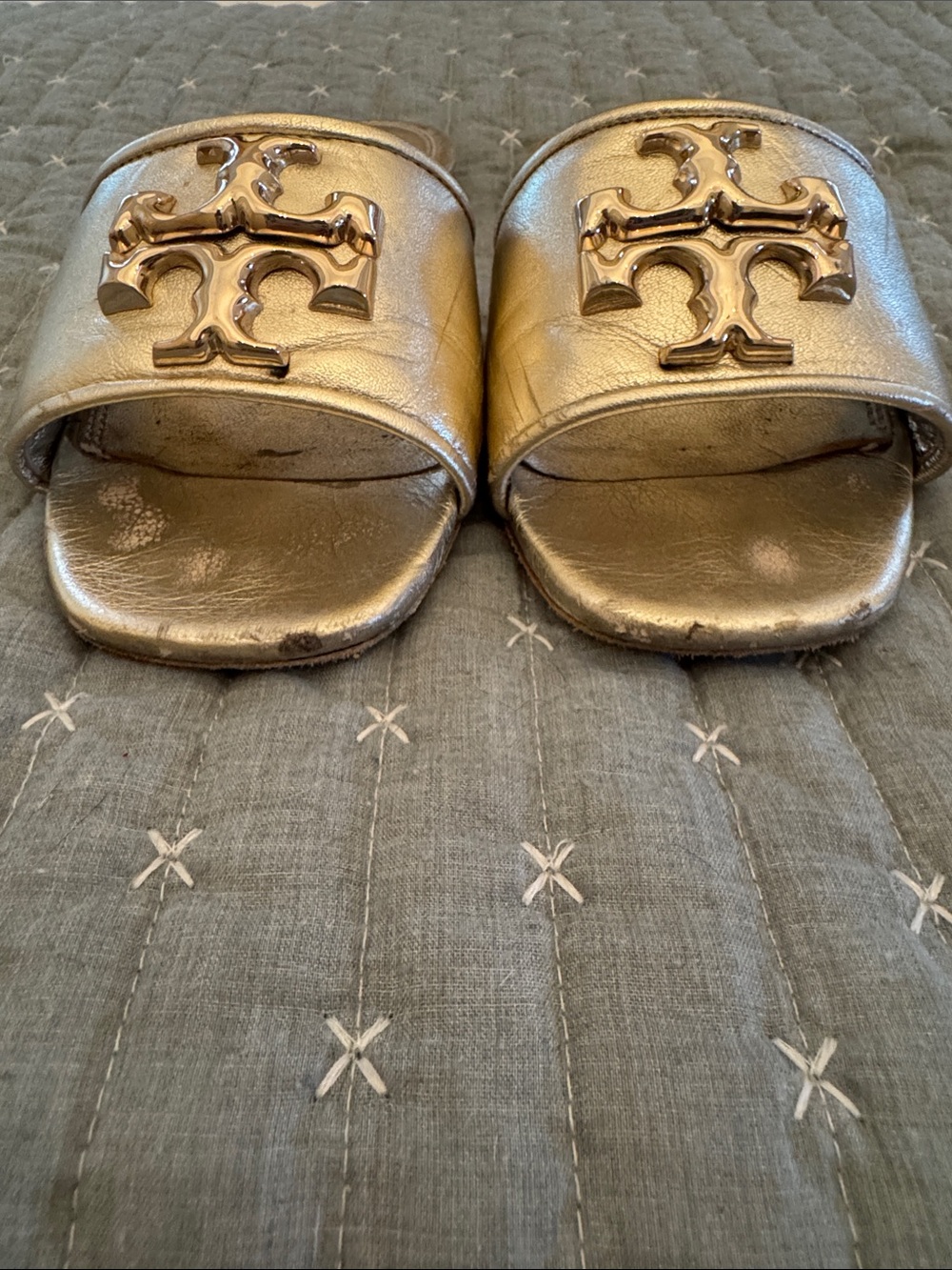 Tory Burch Gold Logo Slide Sandals - Metallic Leather - Picture 4 of 9
